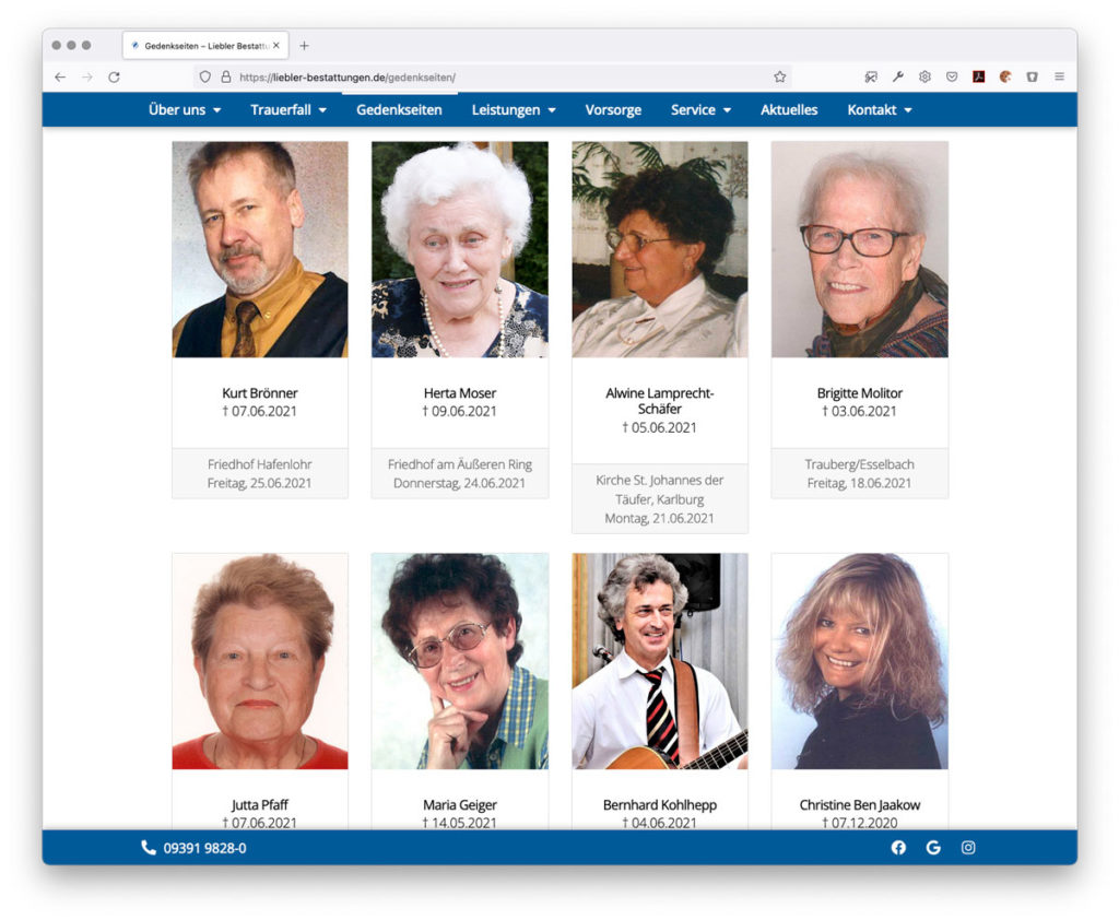 Webseite Liebler Bestattungen Gedenkseiten